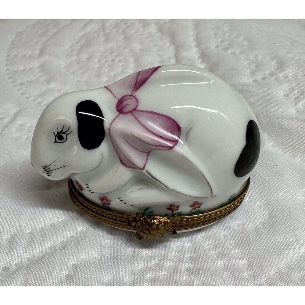 Limoges Rabbit Porcelain & Blue Egg Trinket Brass Hinged Boxes France - Picture 2 of 16